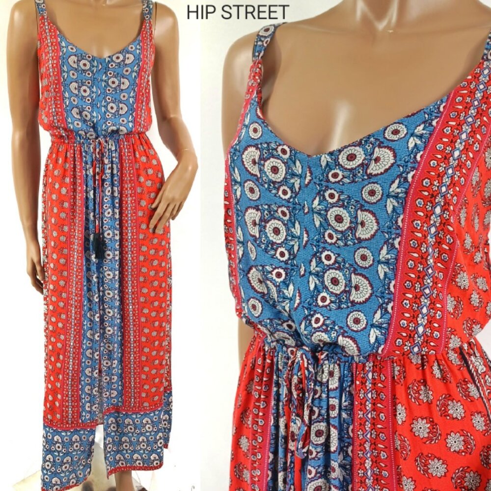 ALYA Dress Spaghetti Strap Elastic Tassel Waist Boho Print Front Slit Maxi S
